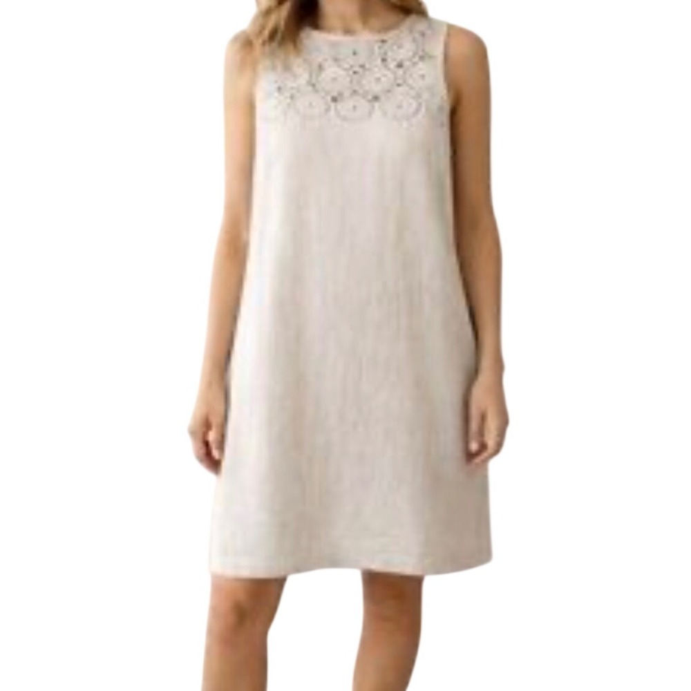 Dana Buchman Linen Blend Eyelet Crochet Shift Dress Beige Tan Size 14